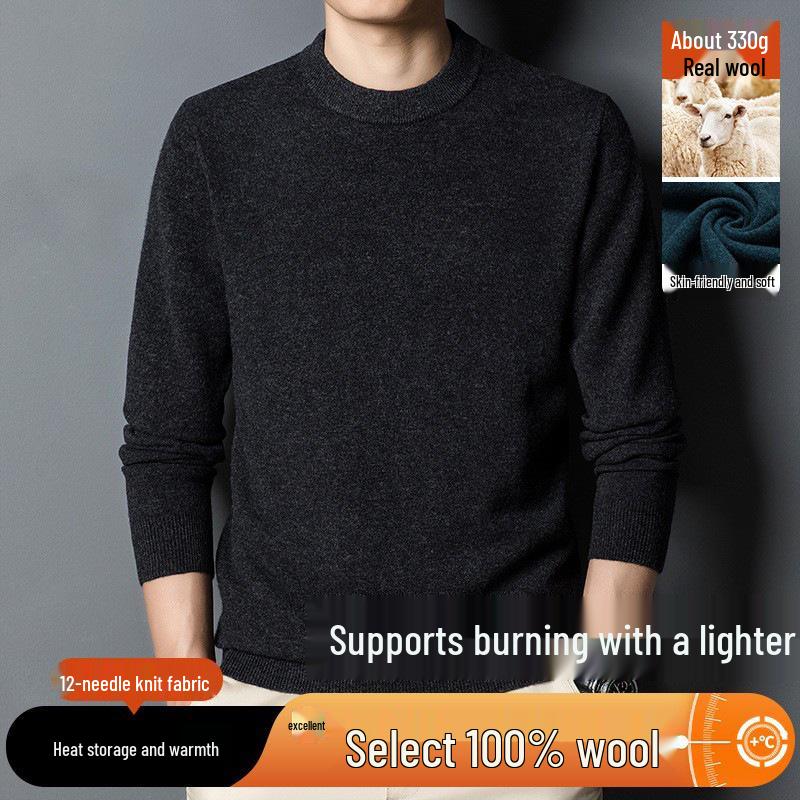 Men's Round Neck Machine Washable 100% Wool Sweater - Warm Knit Base Layer for Autumn/Winter 2025