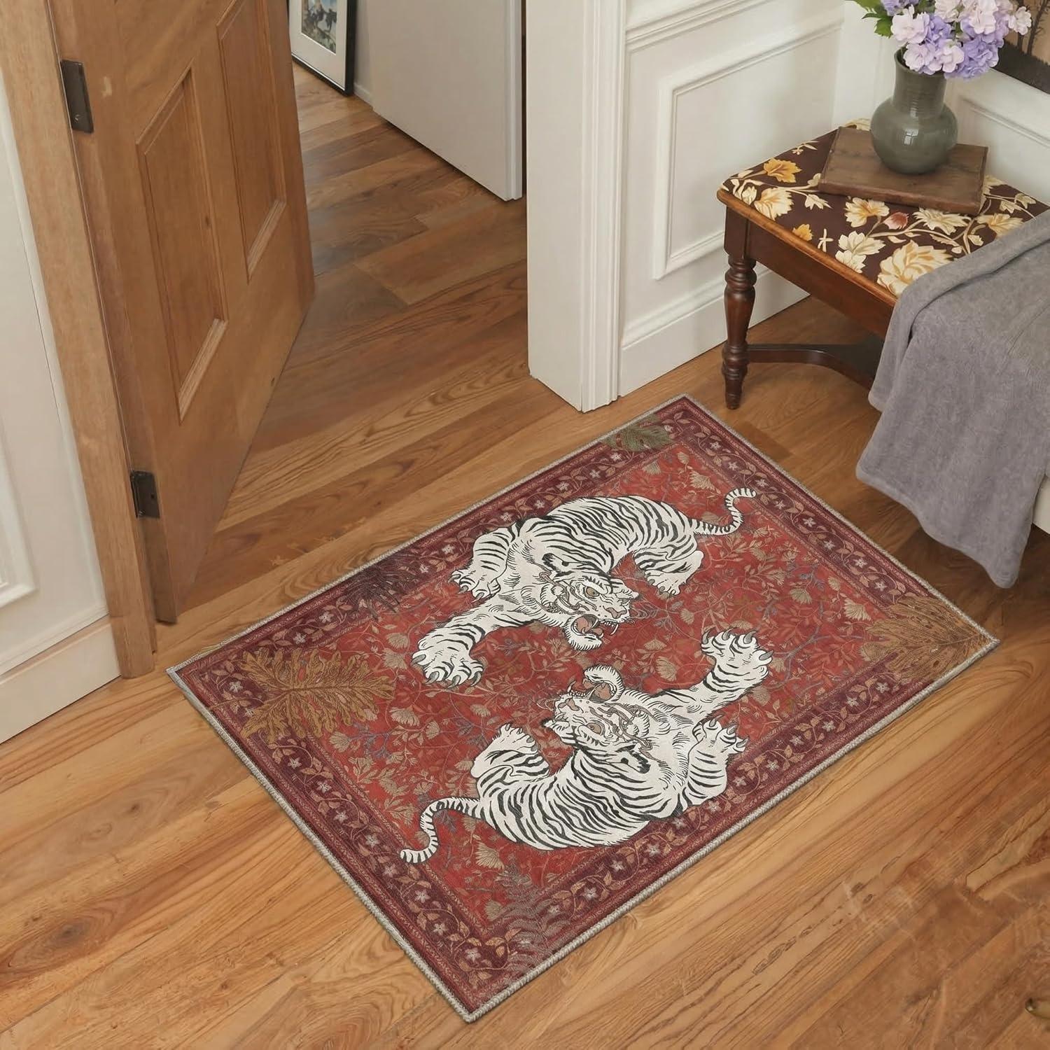 Vintage Tiger Floral Door Mat Botanical Tiger Print Non-Slip Entryway Rug Exotic Traditional Oriental Chinoiserie Themed Rug 40x60cm 16x24 inch