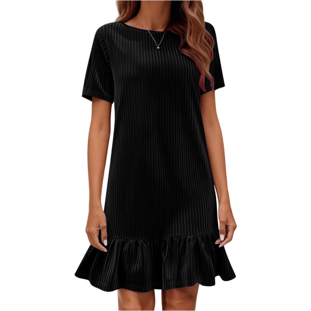 Women Velvet Short Sleeve Dress Casual Loose Fit Round Neck Ruffle Hem Mini Dress Suitable for Daily Wear and Various Occasions