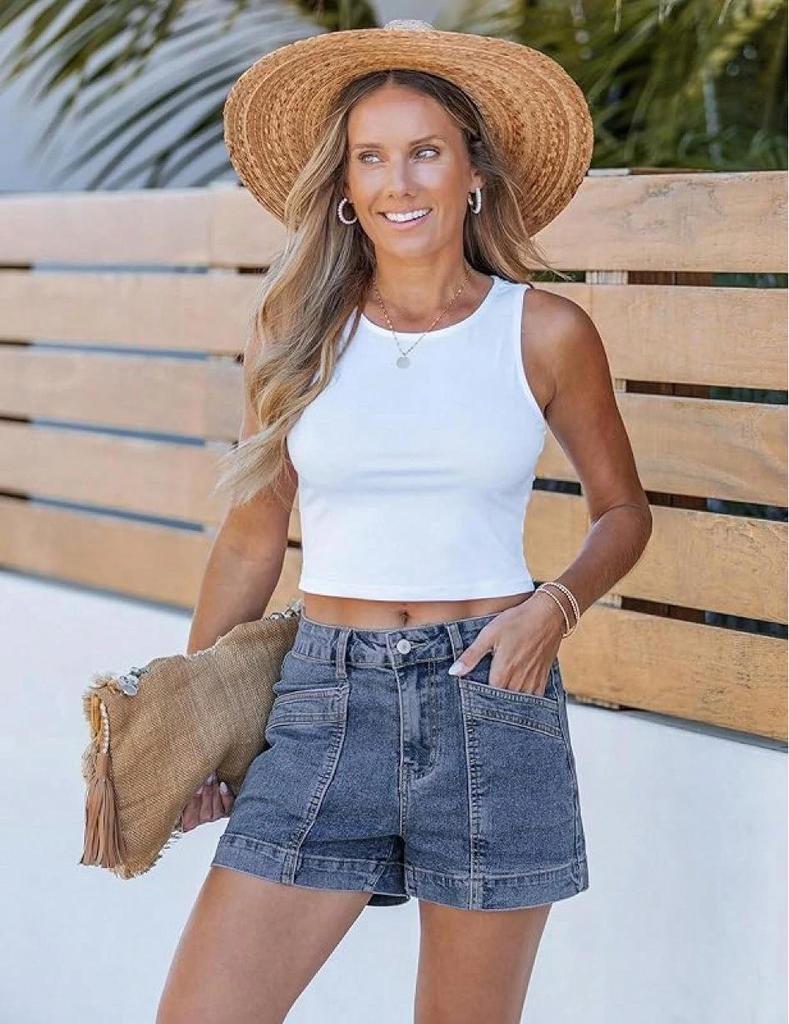 2026 Light Blue Denim Shorts with Patch Pockets - European and American Style