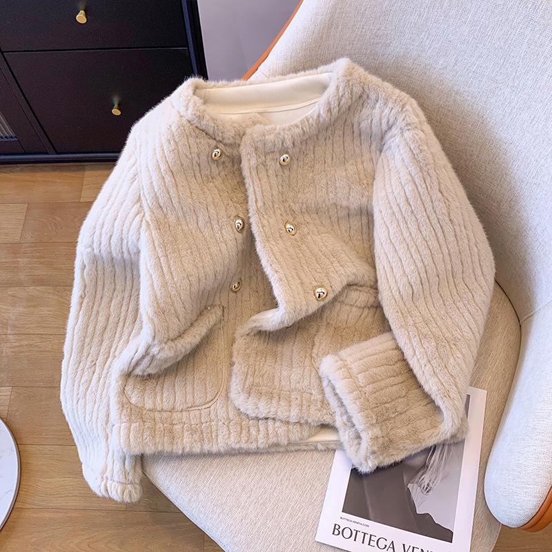 

Осенне-зимнее утолщенное пальто из искусственного меха норки с полосатым мехом для женщин, абрикосовое XL абрикосовый