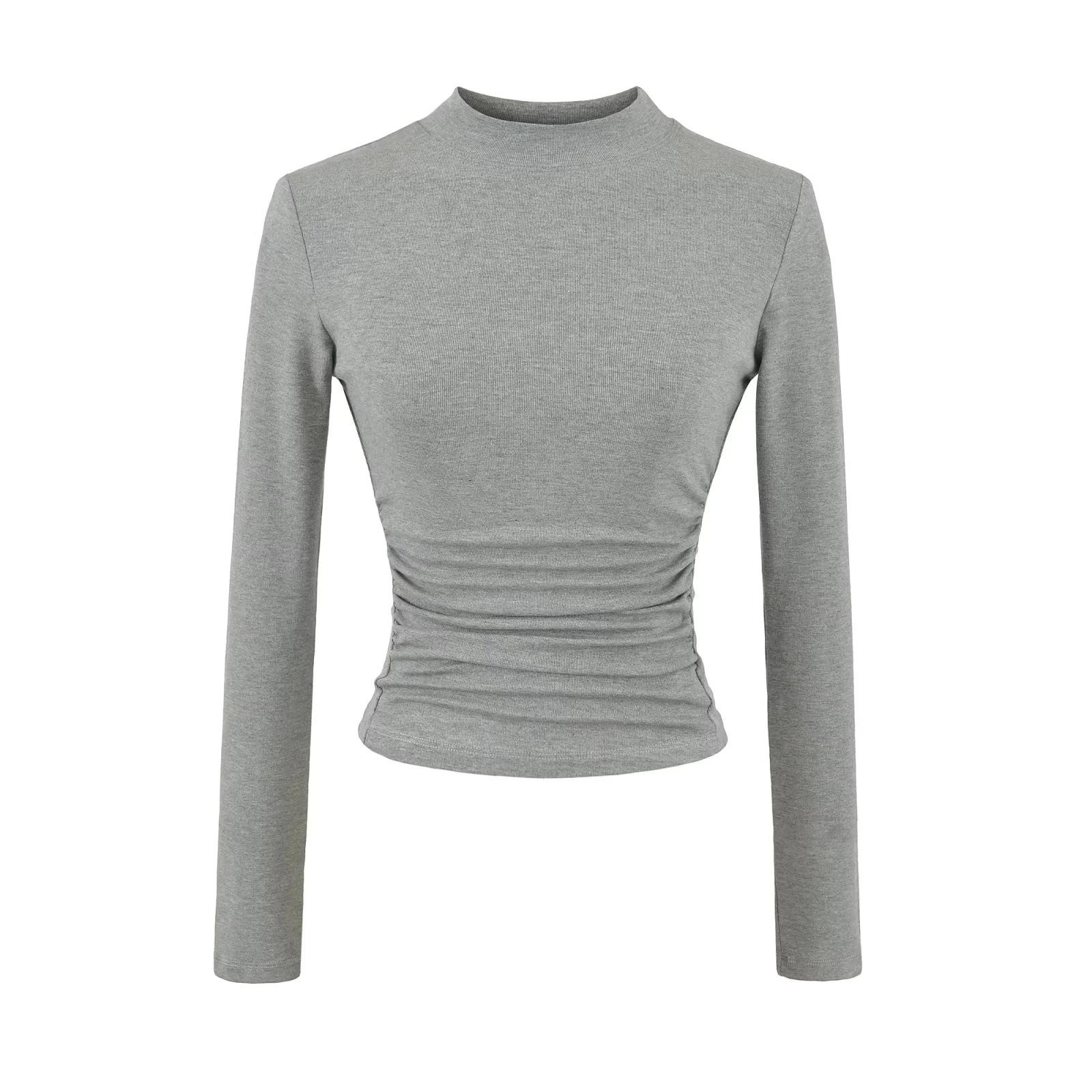 Women s Spicy American High Neck Slim Fit Long Sleeve Pleated T-Shirt - Autumn New Design Medium