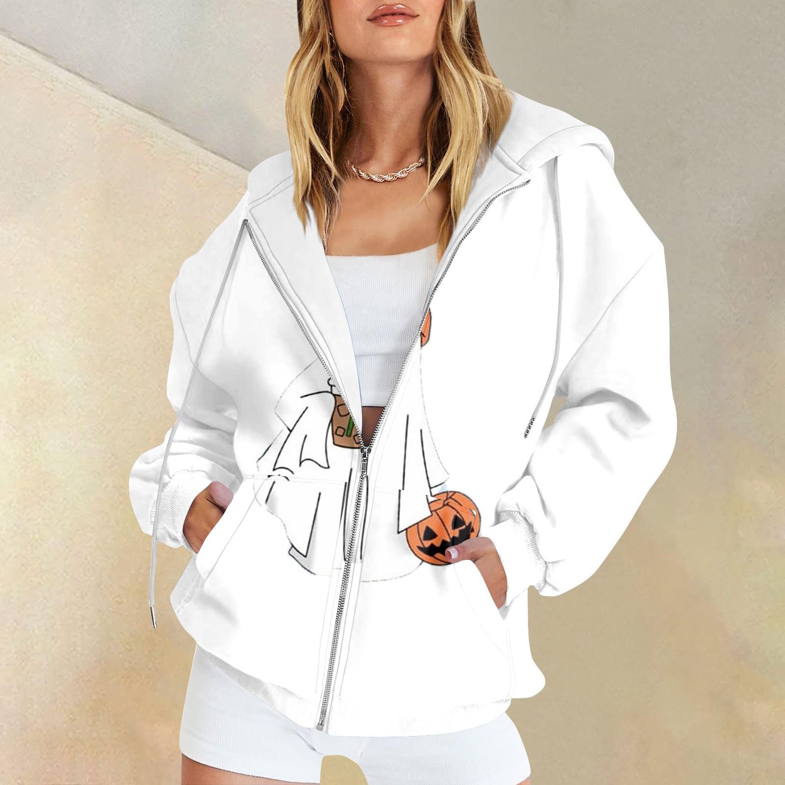 

Женская мода повседневная толстовка с принтом на Хэллоуин осень-зима с длинным рукавом кардиган с карманами на молнии куртка с капюшоном XXL белый