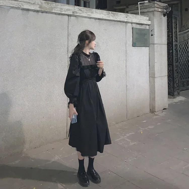 Women's 2025 Winter Korean Lantern Sleeve Lace Splicing Long Dress