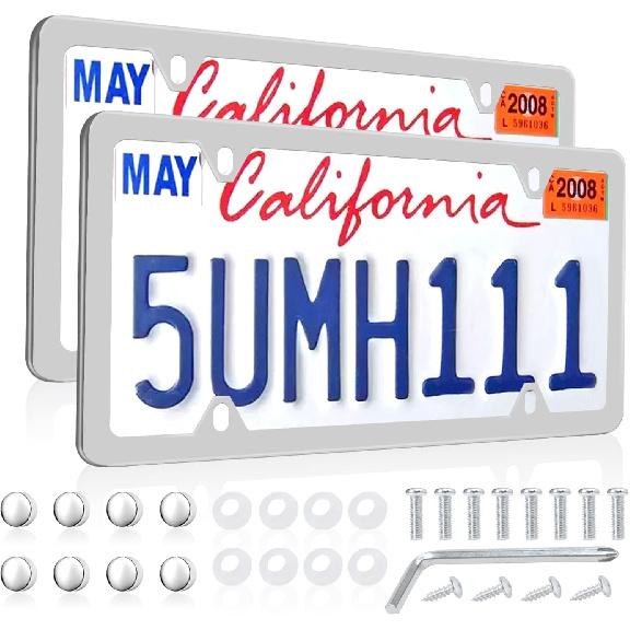 Black License Plate Frames, Stainless Steel, Car License Plate Holder with Screw Caps, Rattle Proof Pad Front Back License Plate Cover