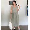 Korean Chic Summer Retro Niche Drawstring Waist Slim Big Pocket Zipper Tooling Vest Dress Women