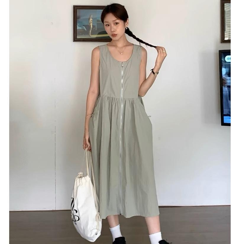 Korean Chic Summer Retro Niche Drawstring Waist Slim Big Pocket Zipper Tooling Vest Dress Women