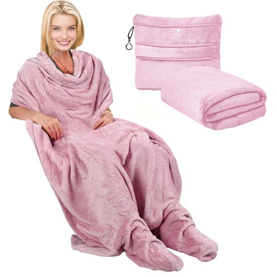 Travel Blanket Soft Fleece 2-in-1 Foldable Pillow Combo Flights Camping Car Trips Airplane Pillow Blanket with Luggage Strap