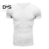 Men V-Neck Short Sleeve T-Shirt Fitness Slim Fit Sports Stripes Solid Color Tee Tops Breathable Gym Clothing for Sports Travel Office