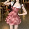 Sweet Red Plaid Summer Academic Style Waist-Cinched Short Dress