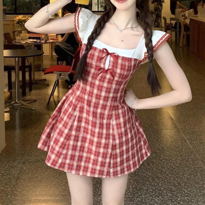 Sweet Red Plaid Summer Academic Style Waist-Cinched Short Dress