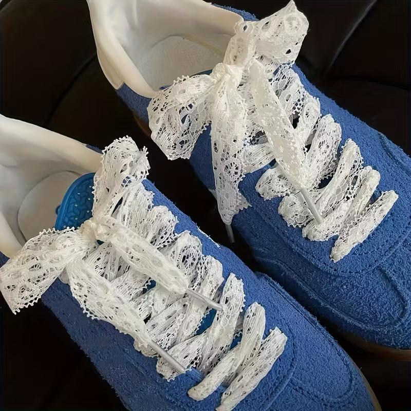 2 Paar Elegante Weiße Spitze Schleife Schnürsenkel - 120 cm Lang V-Ausschnitt Koreanischer Stil, für Sneaker flache Schuhe Hochzeitsschuhe