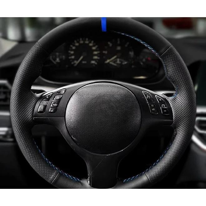 Hand Braid Car Steering Wheel Cover For BMW M Sport 3 5 Series E46 E39 M3 M5 Black Perforated Leather Red Blue Line Blue Strip
