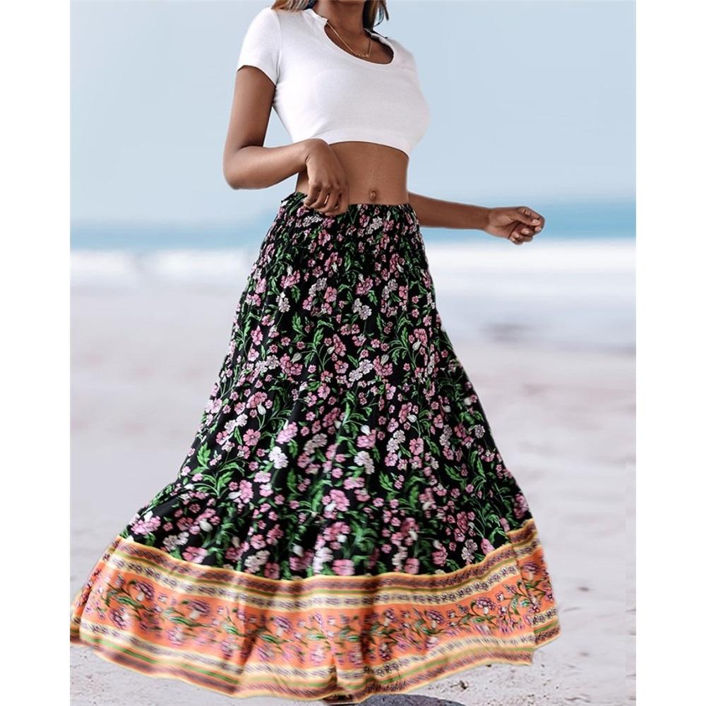 Women's Summer Elastic Waist Loose Long Printed Skirt