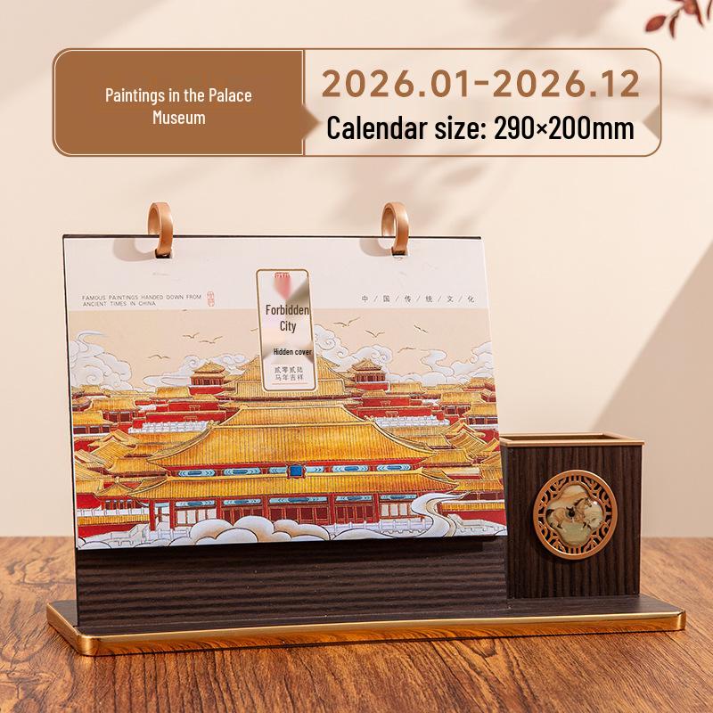 2026 Jahr des Pferdes Chinesischer Stil Holz Schreibtischkalender mit Doppelringständer