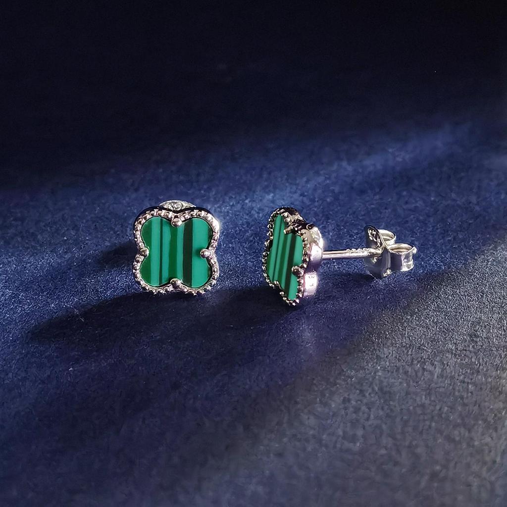 Orecchini a bottone multicolore in argento sterling 925 con quattro foglie di fiori, conchiglia bianca, malachite, agata nera, turchese rosso, occhi di tigre