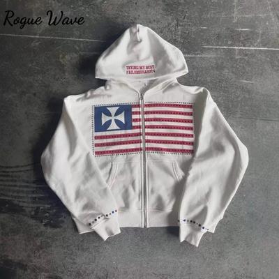 RogueWave Americká Móda Streetwear Gotická Vlajka Kamienková Výšivka Mikina s Kapucňou na Zips Y2k Spájanie Nadrozmerná Voľná Bavlnená Mikina