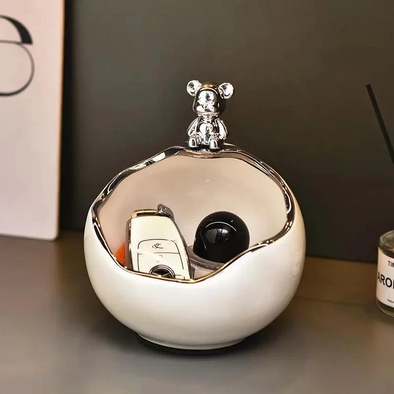 Ceramic Bear Tray Statue Accessory Storage Key Holder Candy Bowl Jewelry Earrings Suitable for Home Modern Table Office Decor