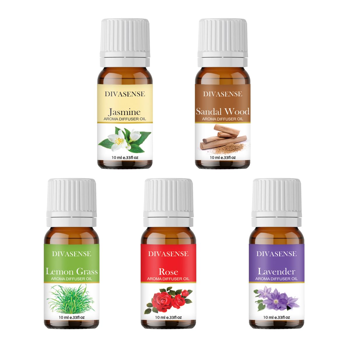 

DIVASENSE (Pack of 5, 10ml) Aroma oil diffuser essential oil for air diffuser for home fragrance, 10ml x 5 Lavender, Rose, Jasmine, Sandalwo