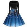 Christmas Print Flare Dress For Women Long Sleeve Dress Hollow Party Casual Square Collar Dresses