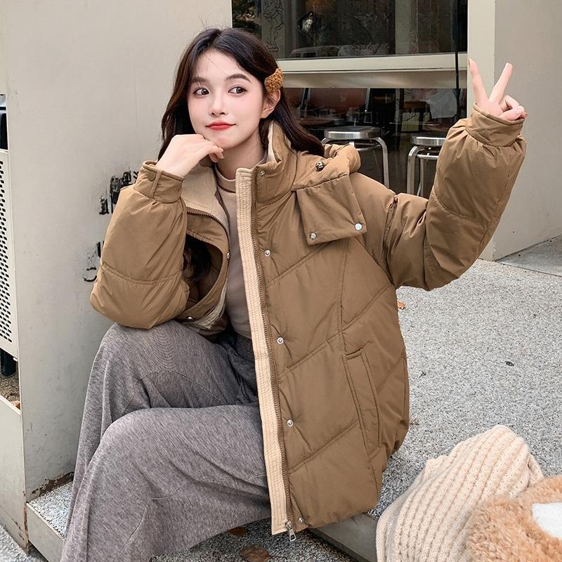 

Короткий пуховик в корейском стиле для женщин, свободного кроя, с капюшоном, зимнее пальто, модный студенческий пуховик XL кофейный