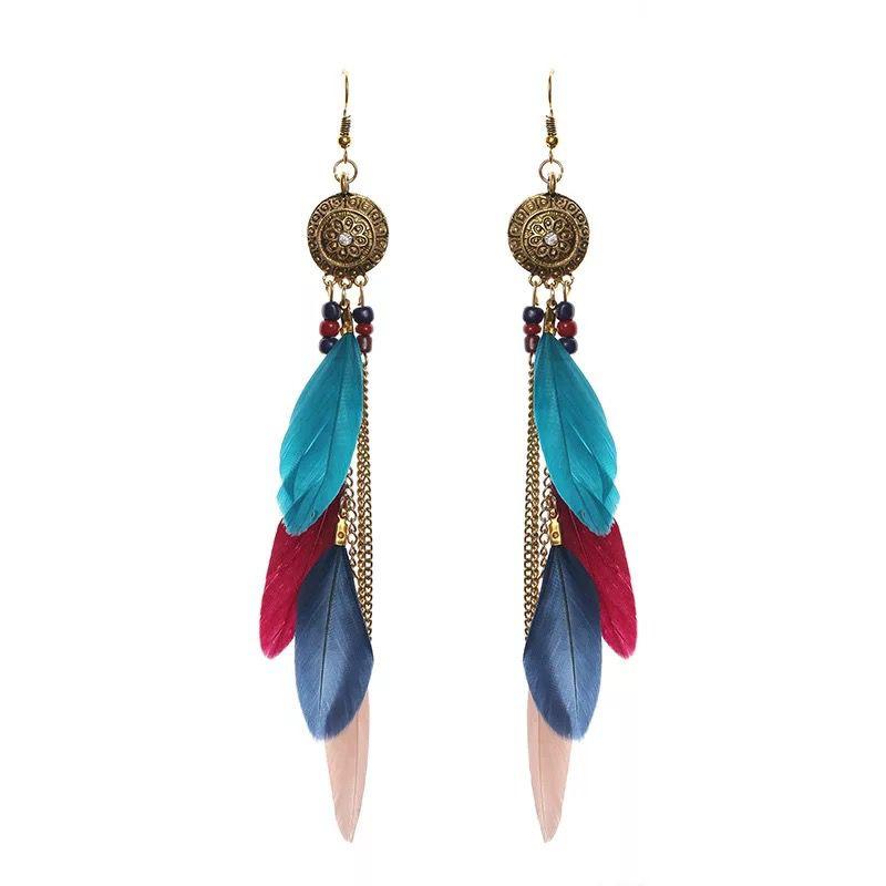 Retro Ethnic Style Feather Earrings Seaside Vacation Accessories Personalized Simple Bohemian Fringed Long Ear Jewelry