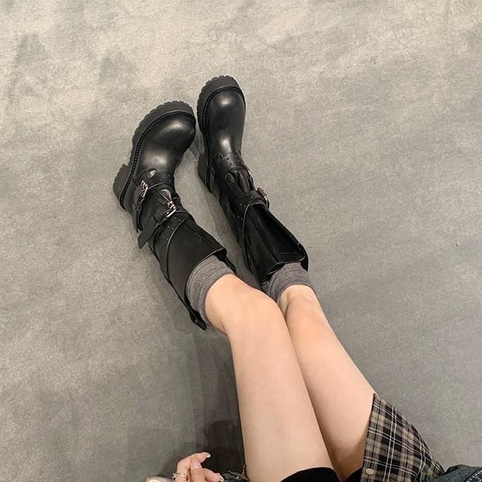 Height increase of 6cm~ three-dimensional round head belt buckle thick-soled thick-heeled knight boots women's 2025 new thin versatile locomotive boo