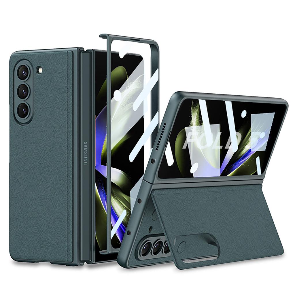 Plain Leather Case for Samsung Galaxy Z Fold 5 Ultra-thin Bracket Holster Shell-membrane Drop Full Protection Cover