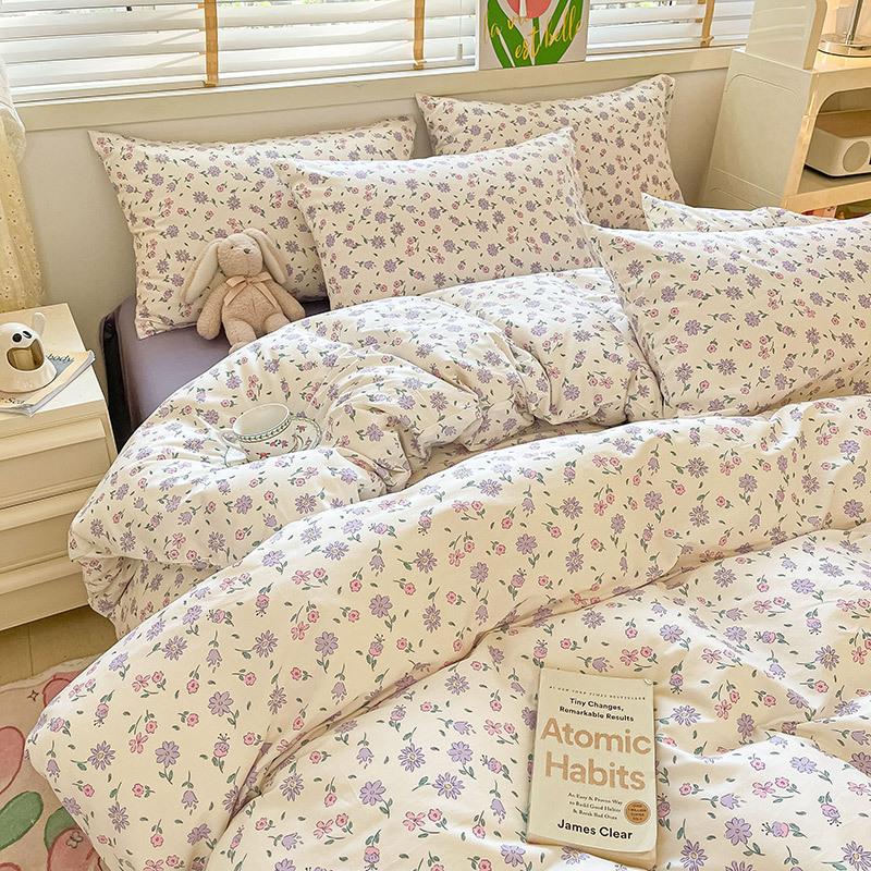 Juego de cuatro piezas de algodón puro de 60 hilos, cama gruesa de algodón puro, juego de tres piezas, algodón de fibra larga, funda de edredón pequeña y fresca, sábana ajustable