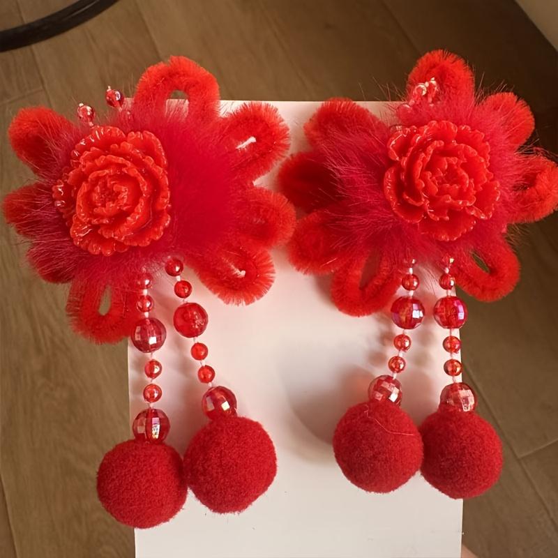 

Two Rabbit Ear Flower Hanfu Hair Clips with The Chinese Character Fu , Antique Style Tassel Hairpins, New Year Hair Accessories, Small Claw Clips Red Peony 2pcs