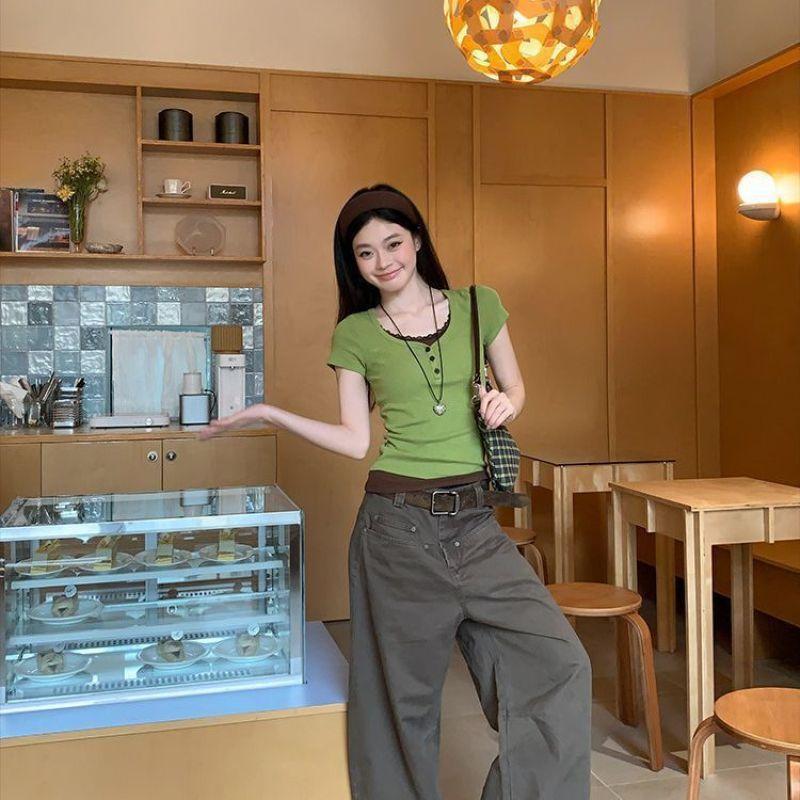 Korean green coffee fake two-piece lace splicing short-sleeved T-shirt women's summer new slim-fit Spice Girl short top ins