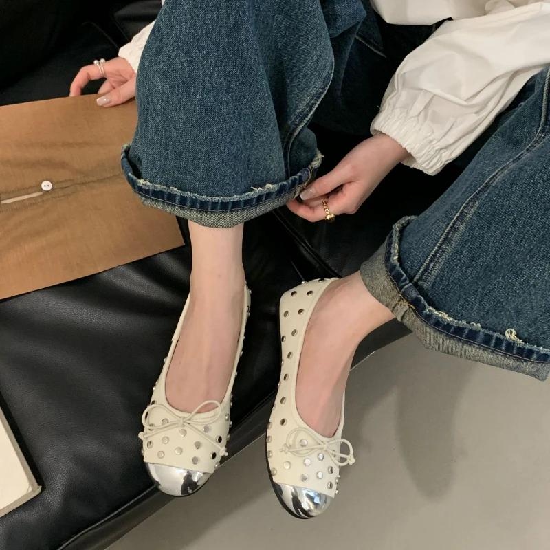 Fashion Fashion Metal Rivet Decoration Mary Jane Shoes Women Sweet Bow Round Toe Shallow Ballet Flats Comfortable Non-Slip Dress Shoes
