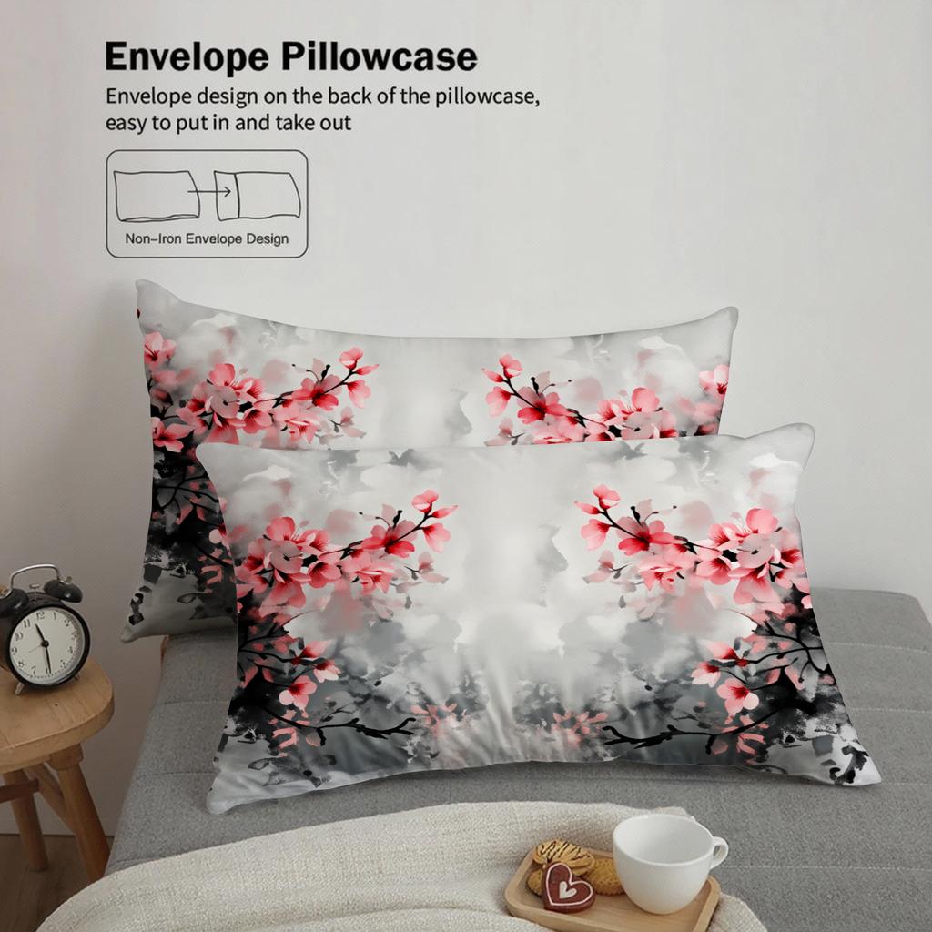3Pcs Cherry Blossom Bedding Sets 3D Printed Floral Pattern Duvet Cover Sets With Pillowcases No Filling Grey Gradient Base