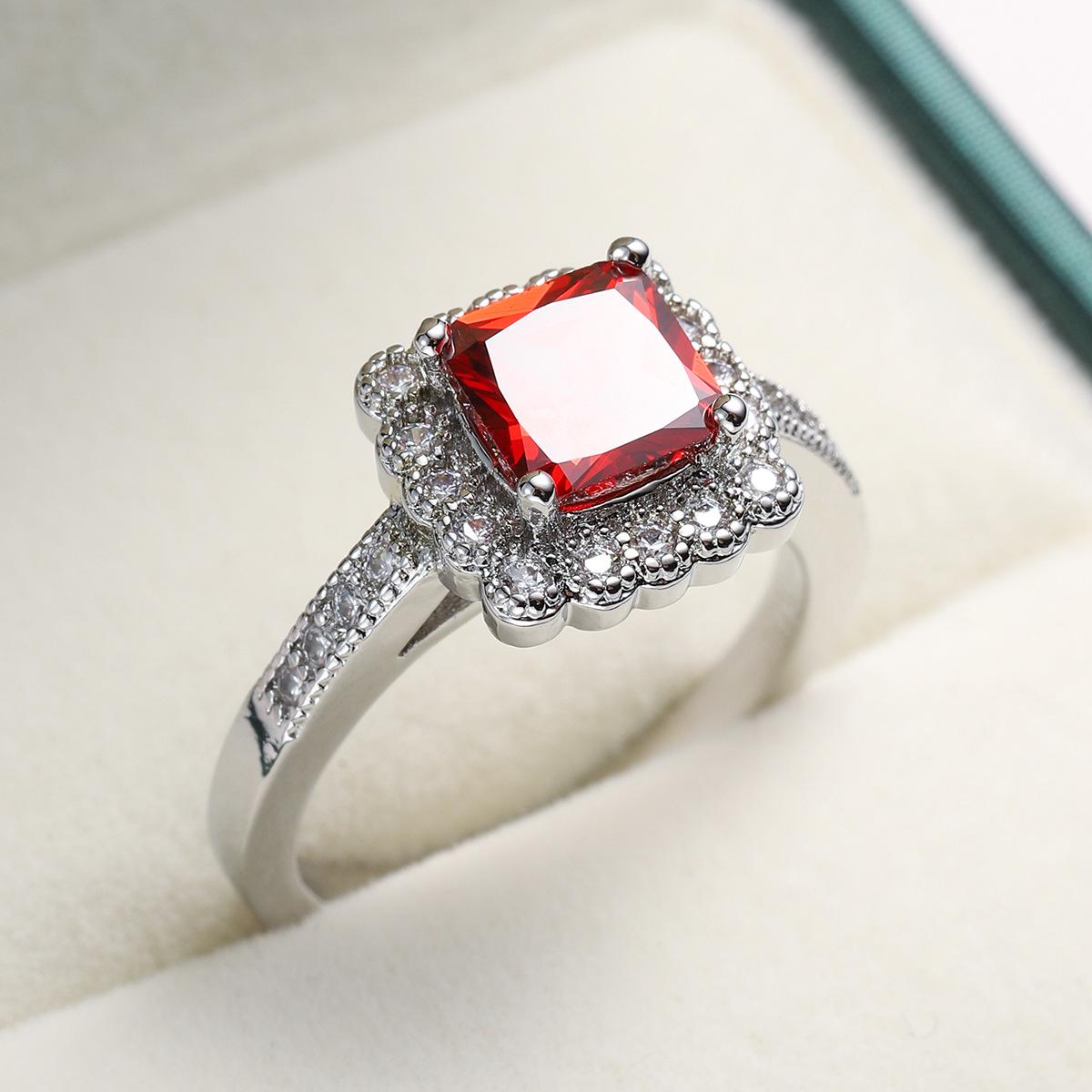 

Pomegranate Red Square Diamond Engagement Ring - Women s Classic European and American Fashion Jewelry Size 10
