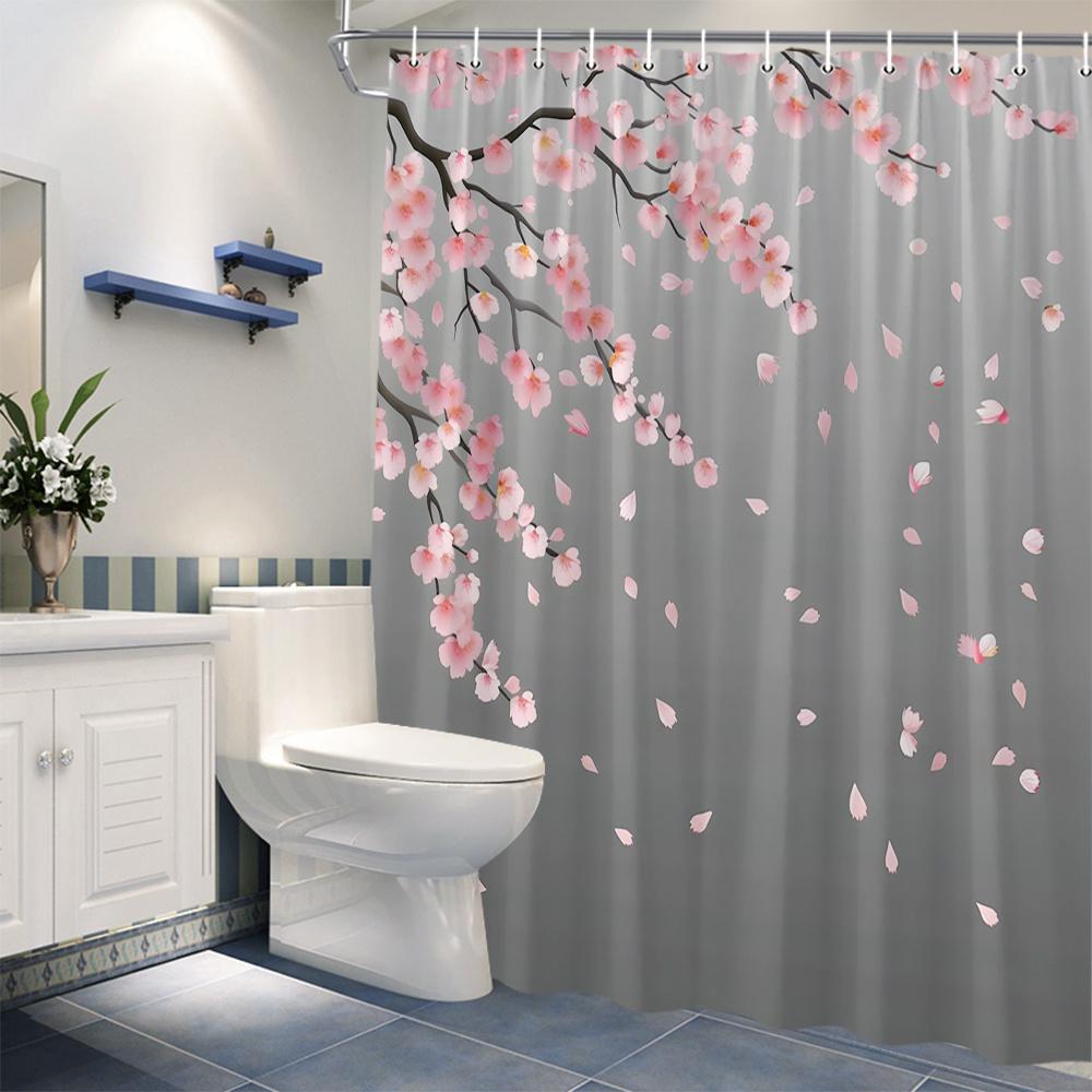 Beautiful Falling Petals Shower Curtain Pink Sakura Flower Tree Print Waterproof Mildew Resistant Bathroom Decor Curtain Set