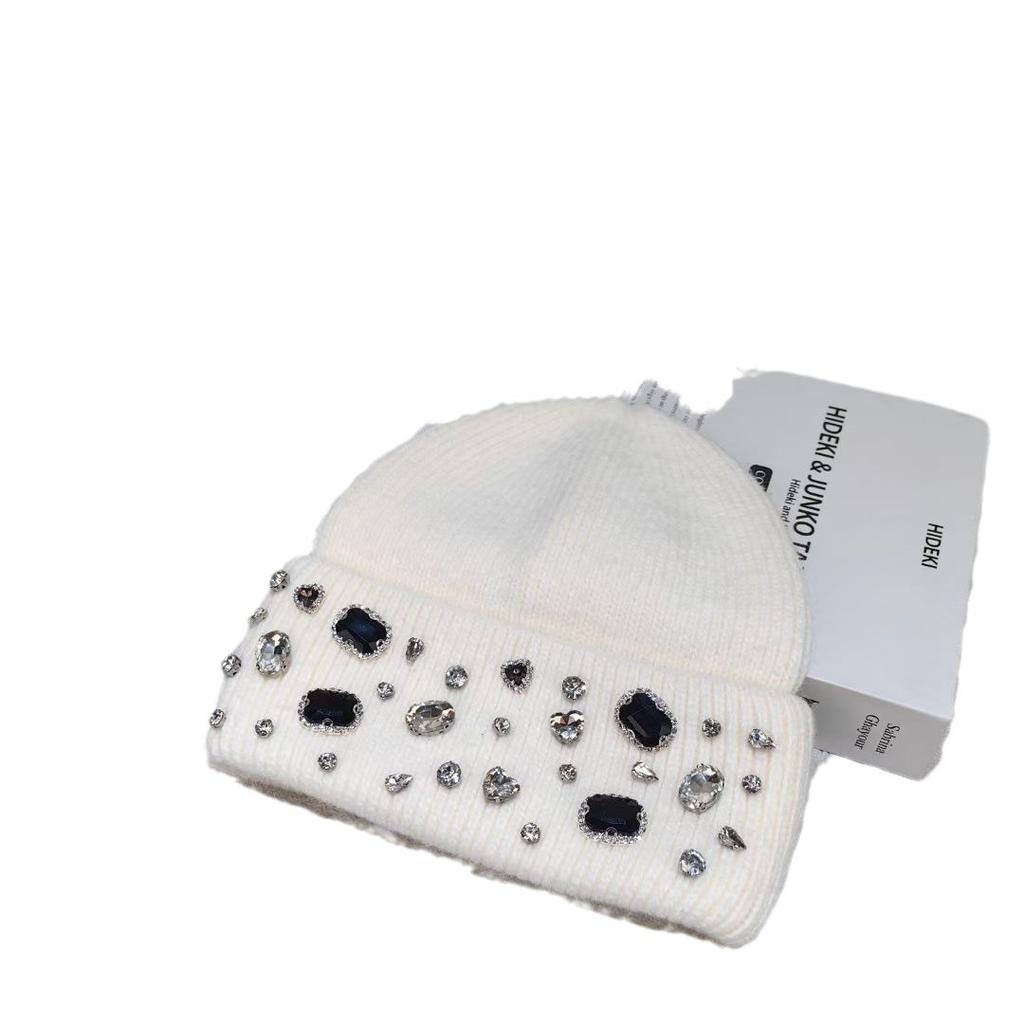 Rhinestone Rabbit Wool Hat for Women In Autumn and Winter White Big Head Knitted Hat Showing Face Small Northeast Wool Hat Cold Hat