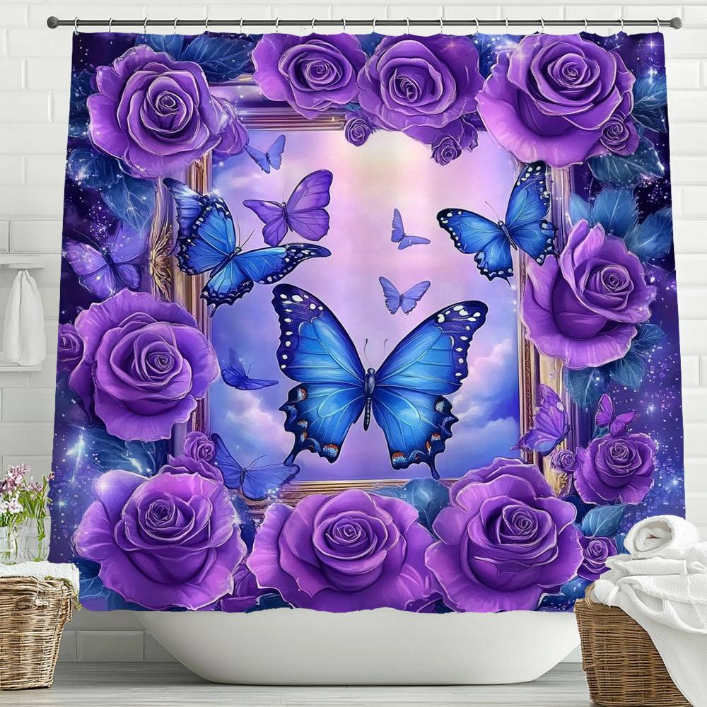 Beautiful Purple Flower Butterfly Style Shower Curtain, Bathroom Decorative Shower Curtain, Waterproof Shower Curtain With Hooks