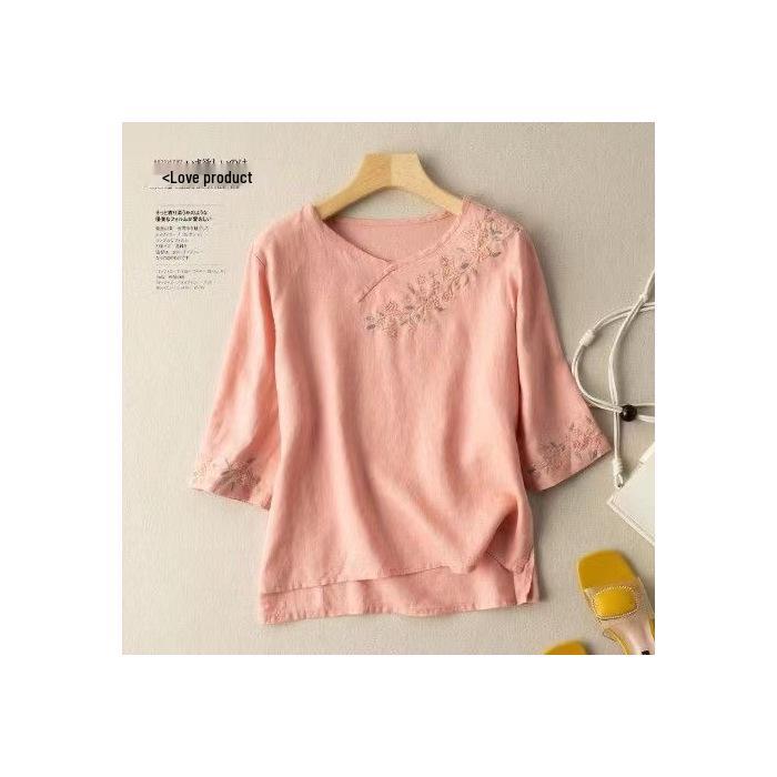 Women's Cotton Linen Embroidered Retro Shirt, Seven-Sleeve with Frog Button, Loose Plus Size Summer Top