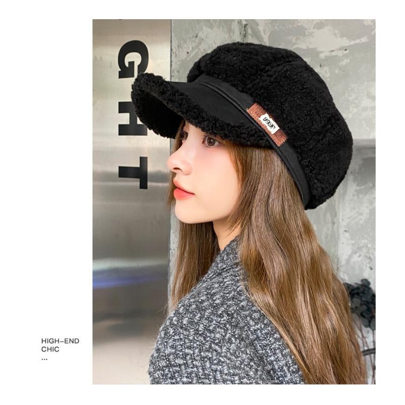 Autumn and Winter New Hat Women's Imitation Lamb Fleece Octagonal Hat Winter Warm and Cold Proof Duck Tongue Hat
