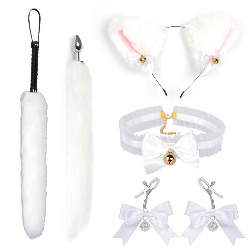 Cat Tail Bell Headband, Anal Plug, Nipple Clamps Flirting Set