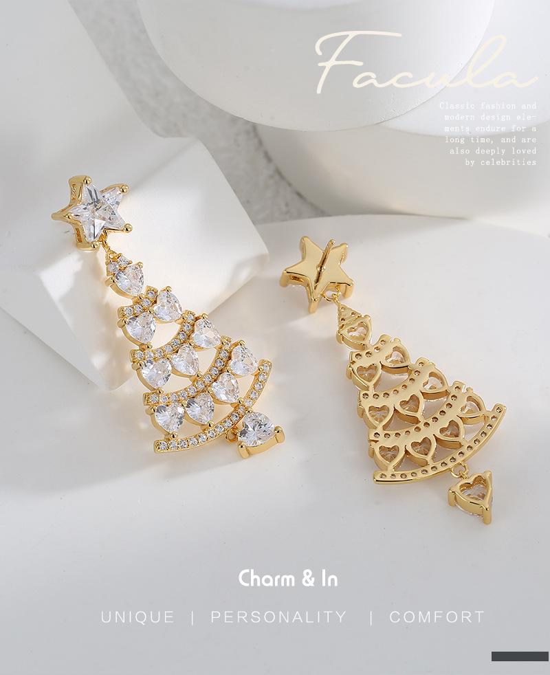 E0541 Boucles d'oreilles arbre de Noël haut de gamme pour femmes: Style Européen & Américain, Cuivre avec Zircon Plaqué Or