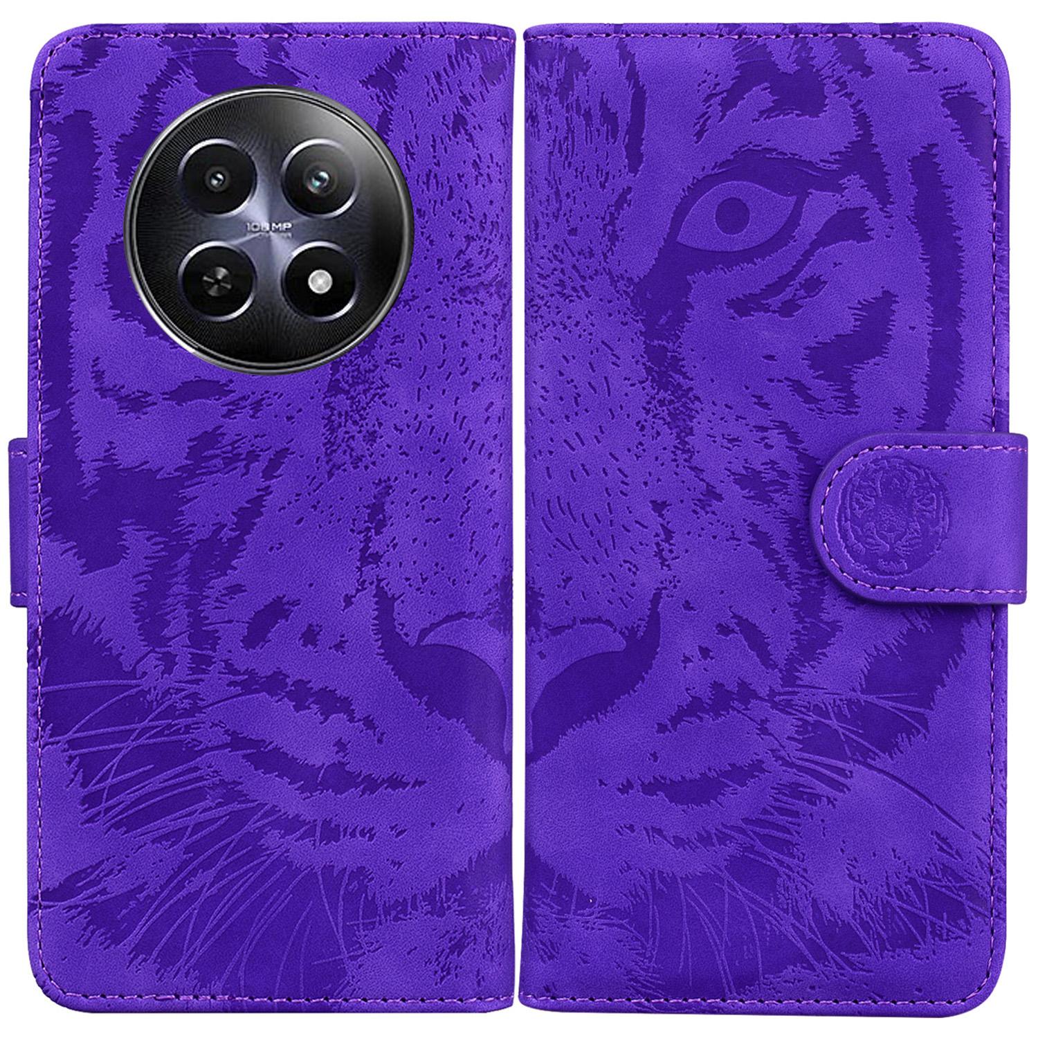 

For Realme 12 5G/12x 5G Leather Phone Case Wallet Stand Cover Imprinted Tiger Pattern Purple