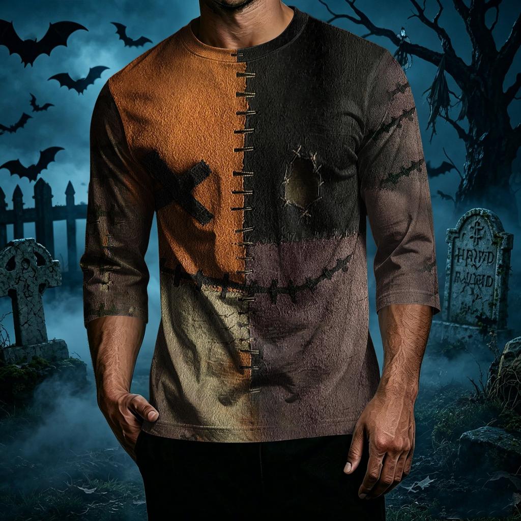 Men Casual Halloween Print Crew Neck T Shirt Three Quarter Sleeve Relaxed Fit Top for Everyday Wear