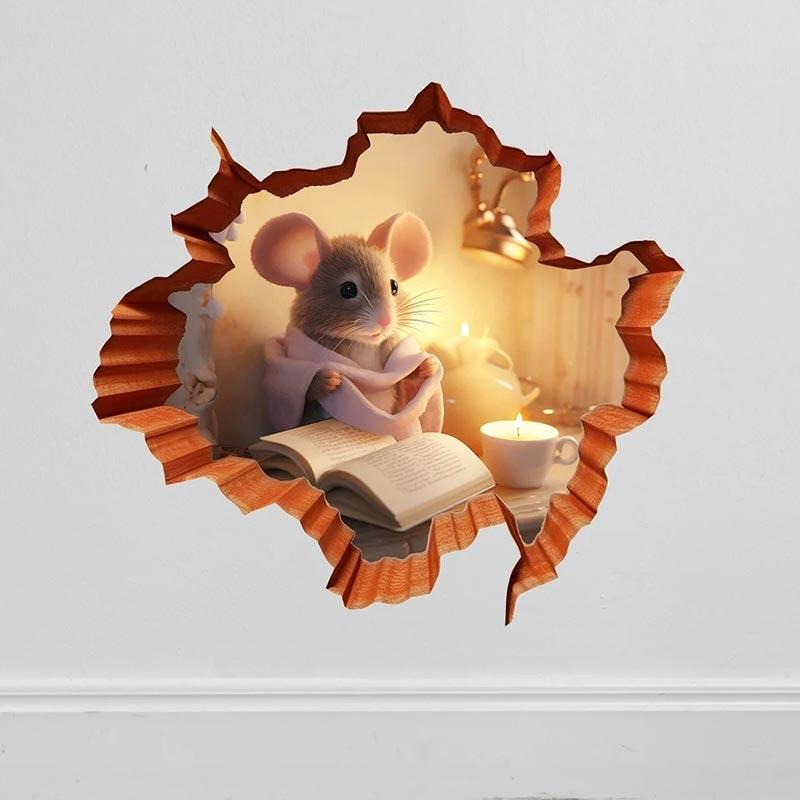 M735 Cute Mouse Hole Wall Sticker , Mouse Reading Book In Wall Hole Decal, Mouse Hole Sticker, Mouse Reading Decor