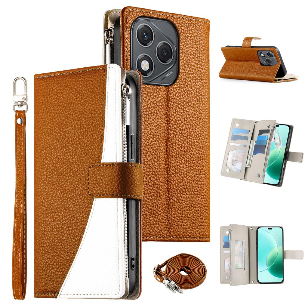 For Honor 400 Lite 5G Case Zipper Wallet Color Splicing Leather Flip Phone Cover with Straps