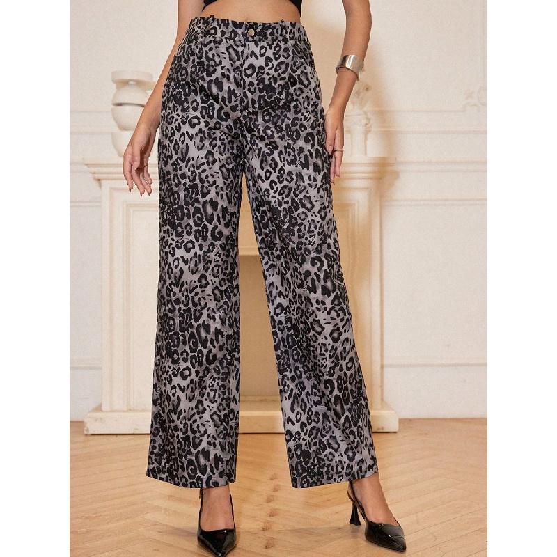 Pantaloni Larghi a Vita Alta con Stampa Leopardo da Donna Primavera 2026, Nuovi Pantaloni Casual Dritti Larghi
