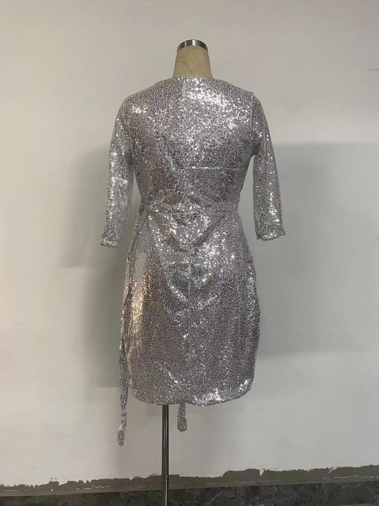 2025 Summer Sexy Women's Sequined Lace-up V-Neck Dress with Three-Quarter Sleeves