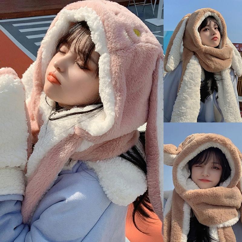 3in1 Winter Hat Glove Scarf Set Warmer Soft Plush Cartoon Rabbit Hat for Student