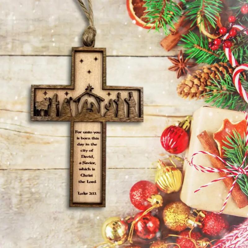 1Pc 3D Nativity Scene Wooden Cross Ornament, Handmade Christmas Tree Decoration, Home And Religious Decoration