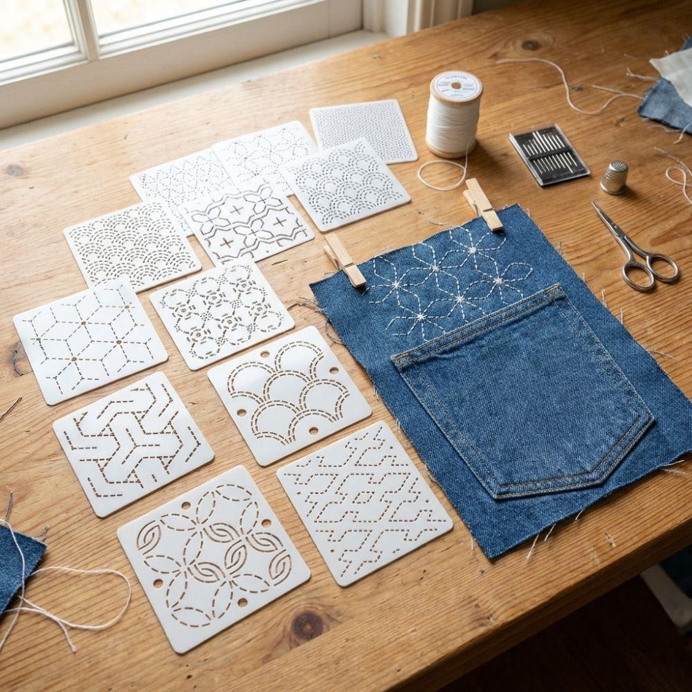 Kit di 30 stencil Sashiko con motivo geometrico, stencil riutilizzabile per patchwork, forniture per riparazioni